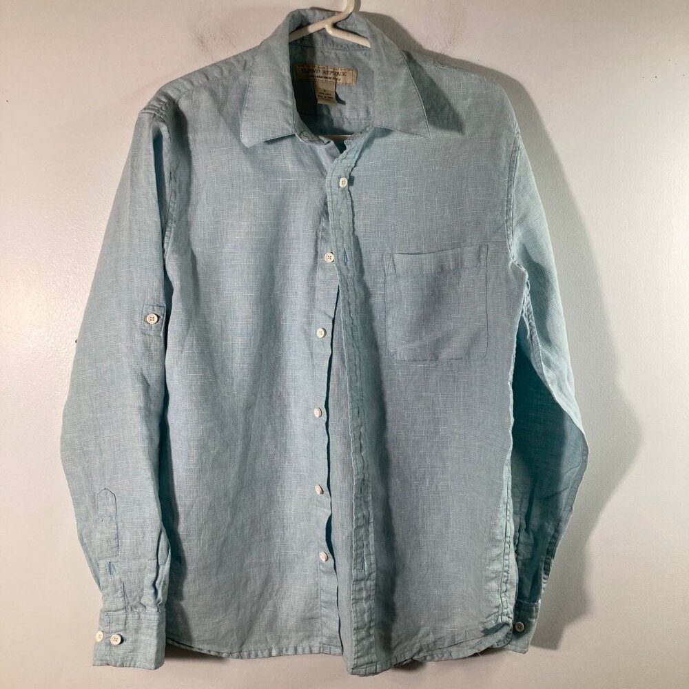 Mens Island Republic Linen‎ Button Shirt S Blue White Linen Roll Tab Sleeve